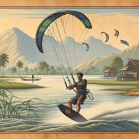 Realistic stock image of kitesurfing in rural area.