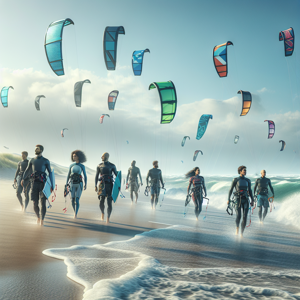 Realistic stock image of kitesurfers on the beach